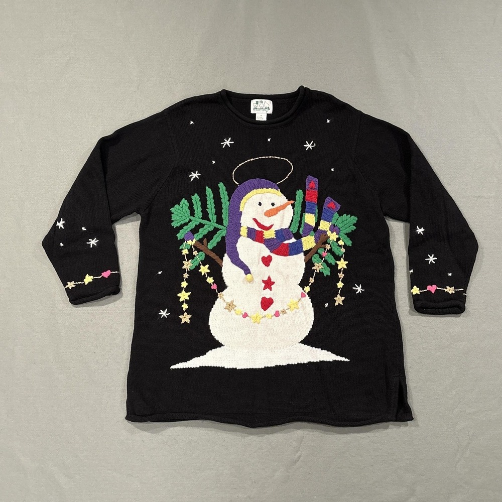 The Quacker Factory Snowman Sweater Womens 1X Black Ramie Cotton Vintage VTG